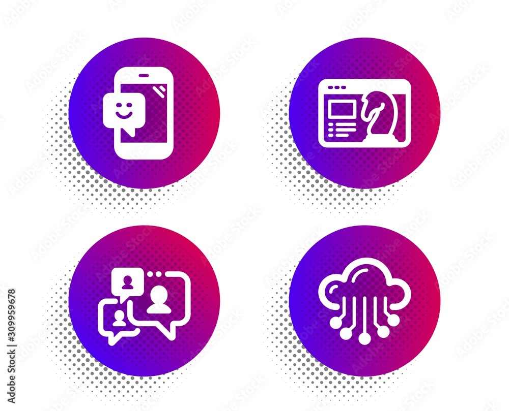 Support chat, Smile and Seo strategy icons simple set. Halftone dots button. Cloud storage sign. Comment bubble, Phone feedback, Chess knight. Data service. Technology set. Vector Support chat, Smile and Seo strategy icons simple set. Halftone dots button. Cloud storage sign. Comment bubble, Phone feedback, Chess knight. Data service. Technology set. Vector