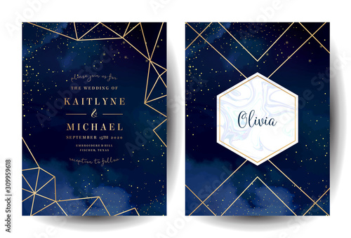 Magic night dark blue cards with sparkling glitter and line art.