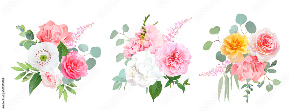 Pink, coral and yellow rose, white hydrangea, carnation, papaver