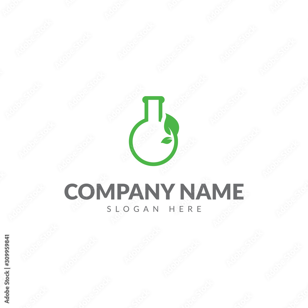Green lab logo with bottle lab and leaf vector design template Green lab logo with bottle lab and leaf vector design template
