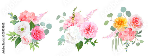 Pink, coral and yellow rose, white hydrangea, carnation, papaver