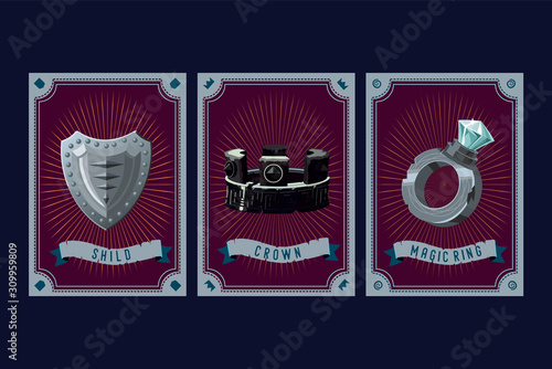 Game asset pack. Fantasy card with magic items. User interface design elements with decorative frame. Cartoon vector illustration. Ring, shield and crown.