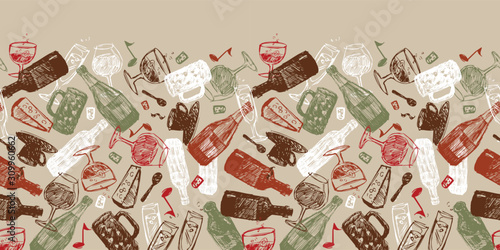 Vector beige baritalia colorful sketch illustration horizontal border pattern with chaotic arrangement of bottles, glasses and cups. Perfect for fabric and restaurant beverages menu.