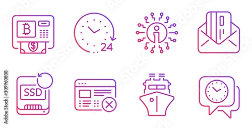 Bitcoin atm, Reject web and Recovery ssd line icons set. Credit card, Info and Ship signs. 24 hours, Clock symbols. Cryptocurrency change, No internet. Technology set. Vector