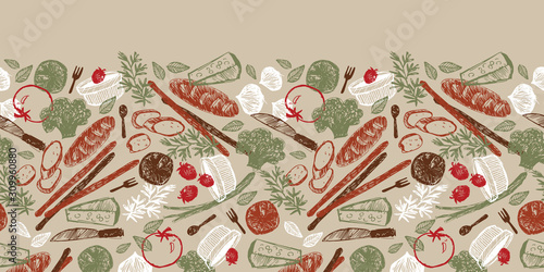 Vector beige baritalia colourful sketch illustration horizontal border pattern with vegetables and bread. Perfect for fabric, wallpaper and restaurant menu.