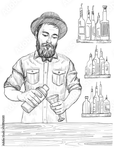 Barmen mixing cocktail, graphic sketch illustration