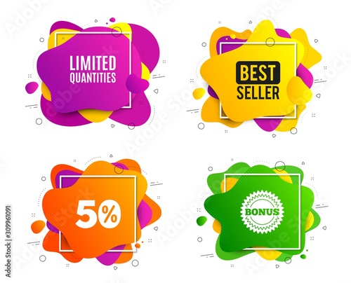 Limited quantities symbol. Liquid shape, various colors. Special offer sign. Sale. Geometric vector banner, square frames. Limited quantities text. Gradient shape badge. Vector