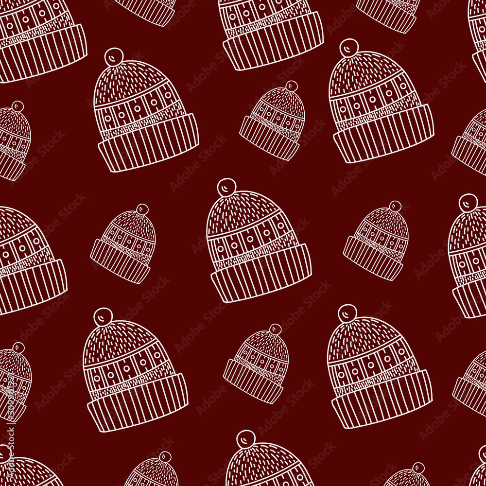 Vector seamless pattern with hats. Image on red background. The picture can be used for websites, web design, leaflets, ladders, wallpapers, prints, print on fabric, showcases.
