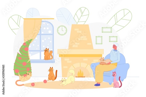 Flat Lonely Woman Sitting on Armchair with Cats.