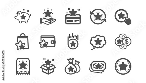 Loyalty program icons. Bonus card, Redeem gift and discount coupon signs. Lottery ticket, Earn reward and winner gift icons. Classic set. Quality set. Vector