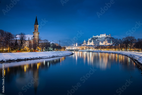 Salzburg old town at twilight in winter  Austria