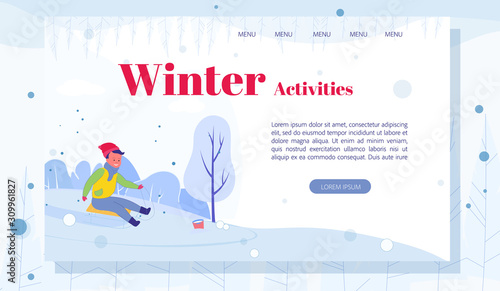 Landing Page with Cartoon Boy Sledding Down Hill