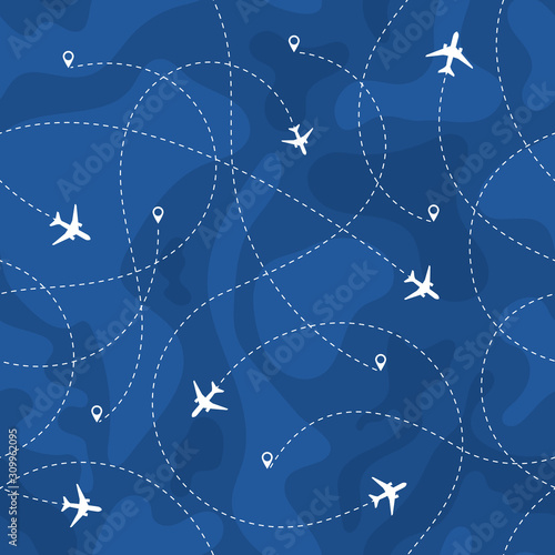 Seamless Pattern Airplanes Routes