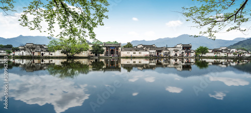 Hongcun village scenery in Huangshan Anhui China. The village is an ancient village. It is located near Mount Huangshan. Hongcun is a famous historical village in China UNESCO heritage site.