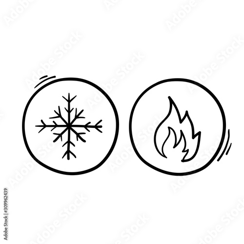 Hot and cold symbol vector icon set on white background with hand drawn doodle style