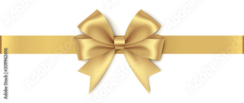 Decorative golden bow with horizontal ribbon isolated on white background. Vector illustration