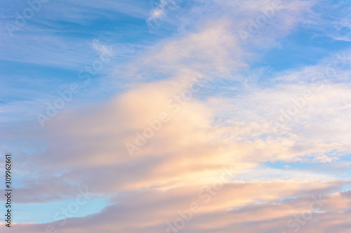Beautiful sky at sunset. Bright clouds. Sky background.