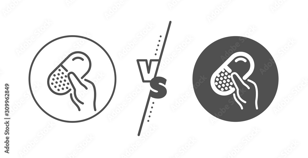 Medical drugs sign. Versus concept. Capsule pill line icon. Pharmacy medication symbol. Line vs classic capsule pill icon. Vector