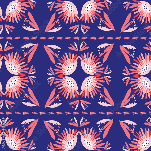 Bold Vector Summer Daisy Flower Background. Classic Blue Red on White. Modern Geometric Floral Seamless Pattern. Kaleidoscope Flourish Motif. Bright Decorative Textile. All Over Print Eps 10 Tile