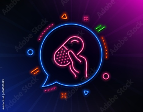 Capsule pill line icon. Neon laser lights. Medical drugs sign. Pharmacy medication symbol. Glow laser speech bubble. Neon lights chat bubble. Banner badge with capsule pill icon. Vector