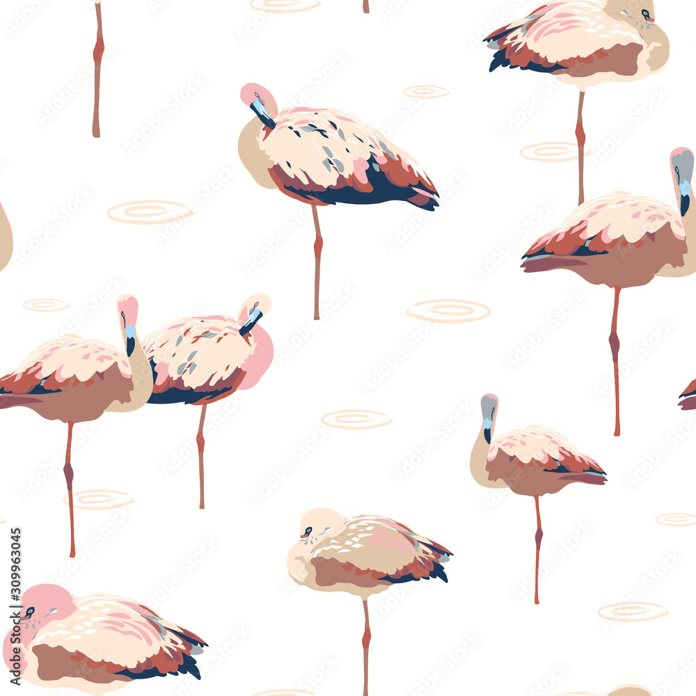 Fototapeta premium Tropical standing flamingo lagoon pattern. Seamless vector background. Pink and blue bird on white. Fabric, wallpaper, packaging, print. Hipster vintage kitchen pattern.
