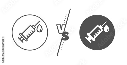 Medicine vaccine sign. Versus concept. Medical syringe line icon. Pharmacy medication symbol. Line vs classic medical syringe icon. Vector