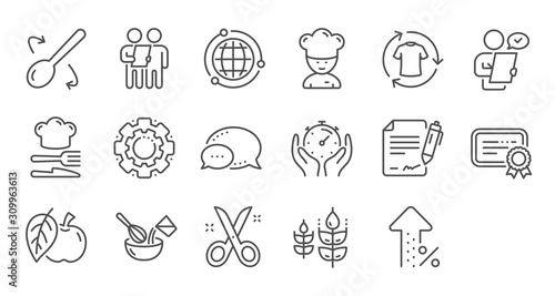 Chef hat, Customer survey, Approved application line icons. Scissors cutting, Certificate icons. Interest rate, gluten free. Linear set. Quality line set. Vector
