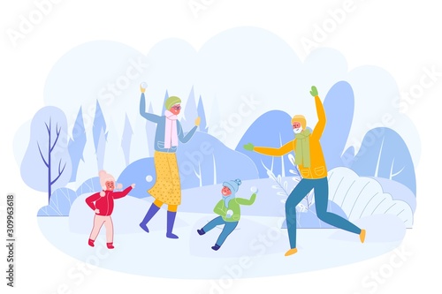 Grandparents Having Snowball Fight with Children.