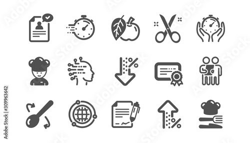 Chef hat, Customer survey, Approved application icons. Scissors cutting, Certificate icons. Interest rate, gluten free. Classic set. Quality set. Vector