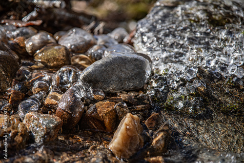 Icy rocks in a cold mountain stream