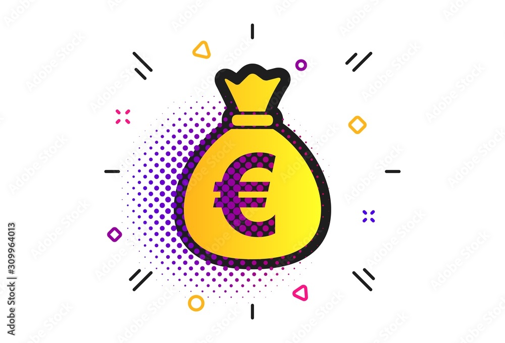 Money bag sign icon. Halftone dots pattern. Euro EUR currency symbol. Classic flat money icon. Vector Money bag sign icon. Halftone dots pattern. Euro EUR currency symbol. Classic flat money icon. Vector