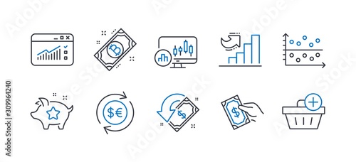 Set of Finance icons, such as Cashback, Money currency, Web traffic, Candlestick chart, Pay money, Loyalty points, Growth chart, Dot plot, Bitcoin, Add purchase line icons. Line cashback icon. Vector