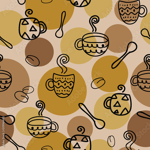 Seamless pattern with coffee cup doodles on brown circles