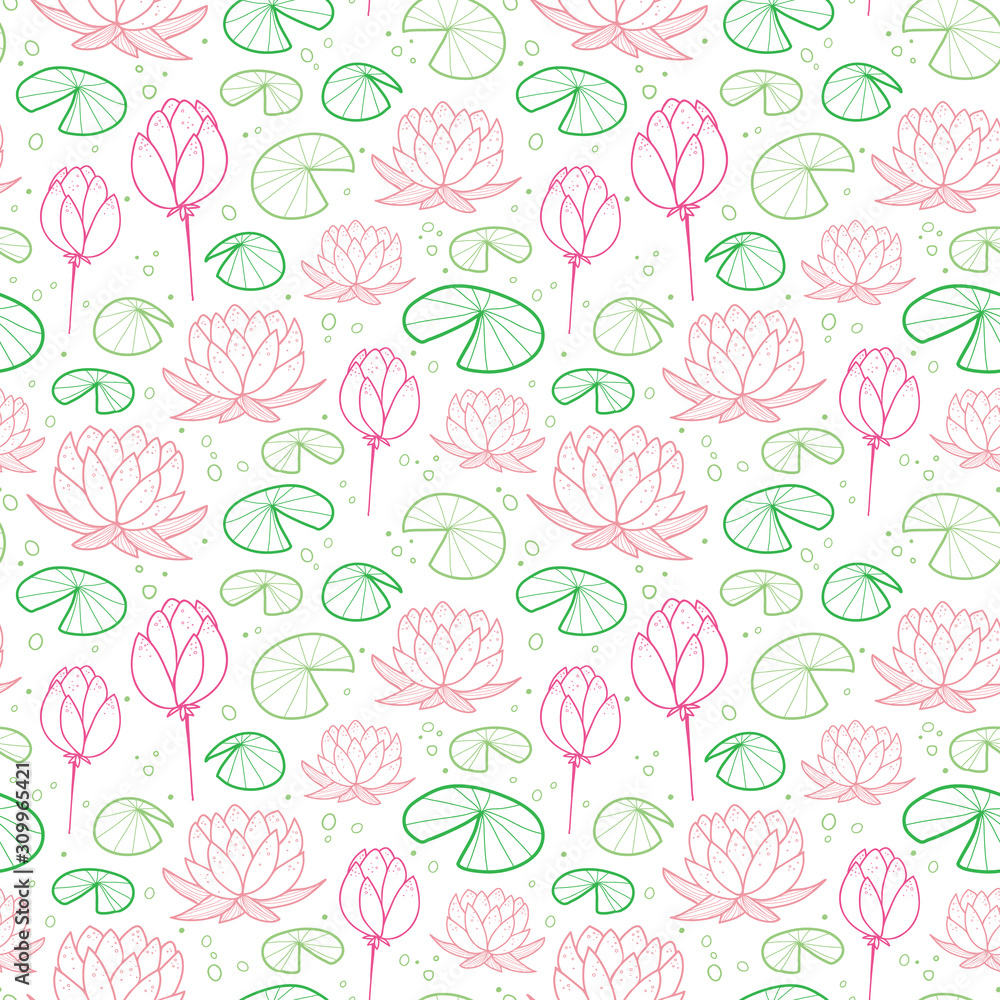 Seamless pattern with water lily in green and pink colors Seamless pattern with water lily in green and pink colors