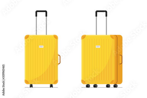 Canvas Print Yellow plastic suitcase for travel with wheels and retractable handle front and side view