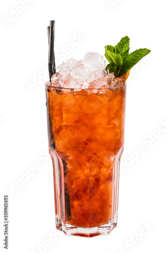 Alcoholic cocktails with ice in glass glasses on a white background.