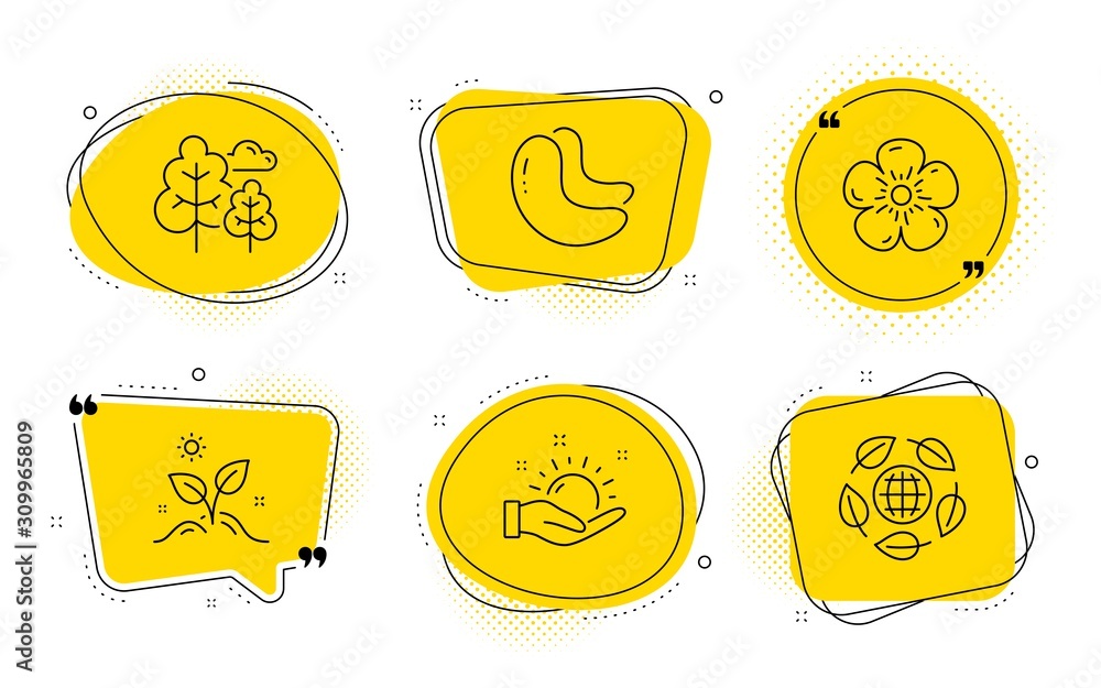 Grow plant, Cashew nut and Eco organic signs. Chat bubbles. Tree, Sunny weather and Natural linen line icons set. Forest plants, Hold sun, Organic tested. Leaves. Nature set. Line tree icon. Vector Grow plant, Cashew nut and Eco organic signs. Chat bubbles. Tree, Sunny weather and Natural linen line icons set. Forest plants, Hold sun, Organic tested. Leaves. Nature set. Line tree icon. Vector