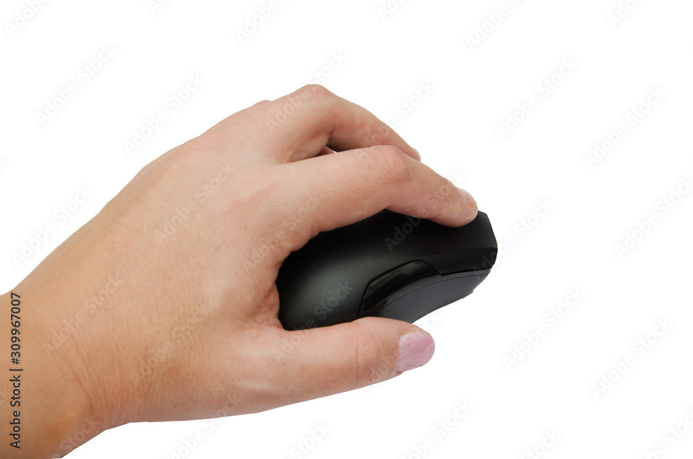 black computer mouse in hand isolated on a white background. Close-up. black computer mouse in hand isolated on a white background. Close-up.