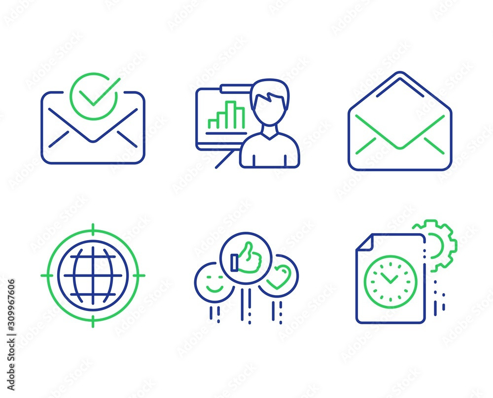 Like, Mail and Presentation board line icons set. Seo internet, Approved mail and Project deadline signs. Social media likes, E-mail, Growth chart. Globe. Technology set. Vector Like, Mail and Presentation board line icons set. Seo internet, Approved mail and Project deadline signs. Social media likes, E-mail, Growth chart. Globe. Technology set. Vector