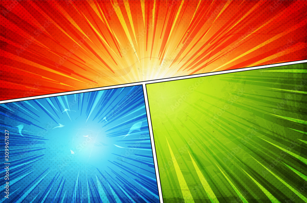 Naklejka premium Comic Book Action Layout Background With Power Fx/ Illustration of a powerful comics like page layout background with halftone dots, dynamic textures and action speed effects