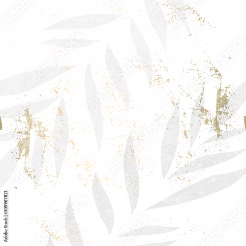 abstract foliage dusty pastel white cream gold blush background. Chic trendy tile print with botanical motifs imitating gouache, acrylic or watercolor paintings