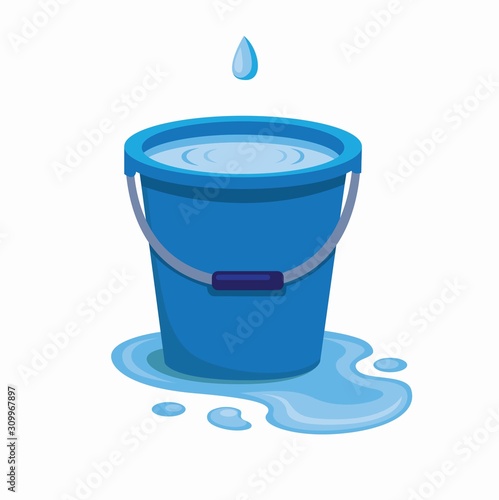 blue plastic bucket filled water from trickle leaking water spilled on the floor, liquid container with handle isolated with white background illustration vector photo