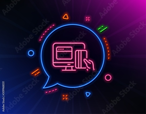 Online Payment methods line icon. Neon laser lights. Web money sign. Credit card symbol. Glow laser speech bubble. Neon lights chat bubble. Banner badge with online payment icon. Vector