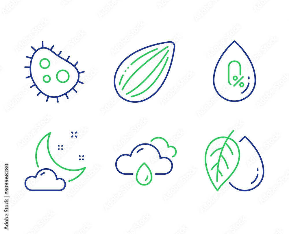 No alcohol, Bacteria and Rainy weather line icons set. Night weather, Almond nut and Mineral oil signs. Mineral oil, Antibacterial, Rain. Sleep. Nature set. Line no alcohol outline icons. Vector