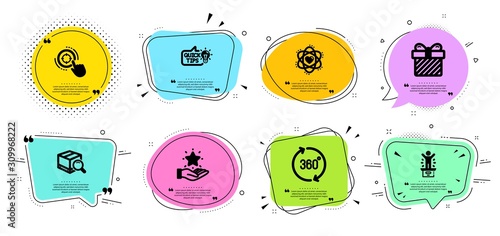 Education idea, Surprise and Atom line icons set. Chat bubbles with quotes. Search package, Loyalty program and 360 degrees signs. Seo target, Winner podium symbols. Vector