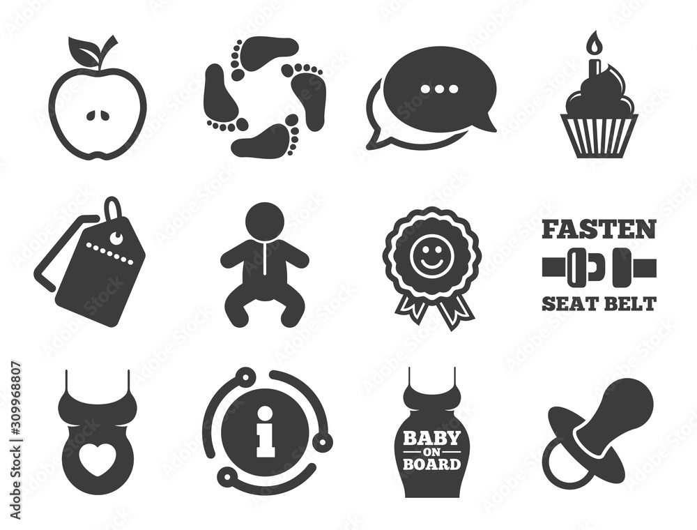 Apple, award and pacifier signs. Discount offer tag, chat, info icon. Pregnancy, maternity and baby care icons. Footprint, birthday cake and newborn symbols. Classic style signs set. Vector