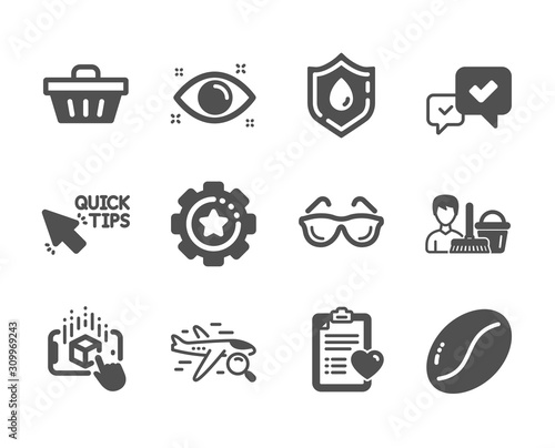 Set of Business icons, such as Augmented reality, Cleaning service, Blood donation, Shopping basket, Coffee beans, Search flight, Quick tips, Health eye, Eyeglasses, Patient history. Vector
