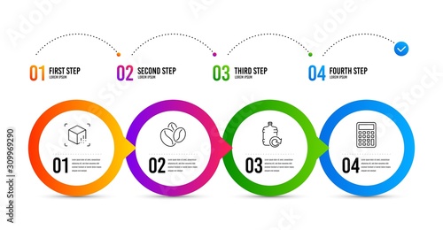 Coffee beans, Refill water and Augmented reality line icons set. Timeline infographic. Calculator sign. Roasted seeds, Cooler bottle, Virtual reality. Accounting device. Business set. Vector