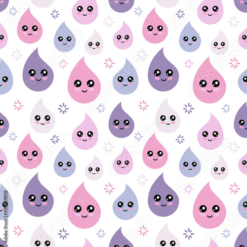 Cute seamless paattern of pastel rain drops with smiley emoticons.
