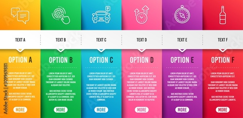 Dots message, Time management and Cogwheel settings line icons set. Infographic timeline. Travel compass, Parking and Wine signs. Chat bubble, Office clock, Engineering tool. Trip destination. Vector